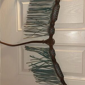Brown Leather Fringe Horse BreastCollar with Turquoise Beaded Detail